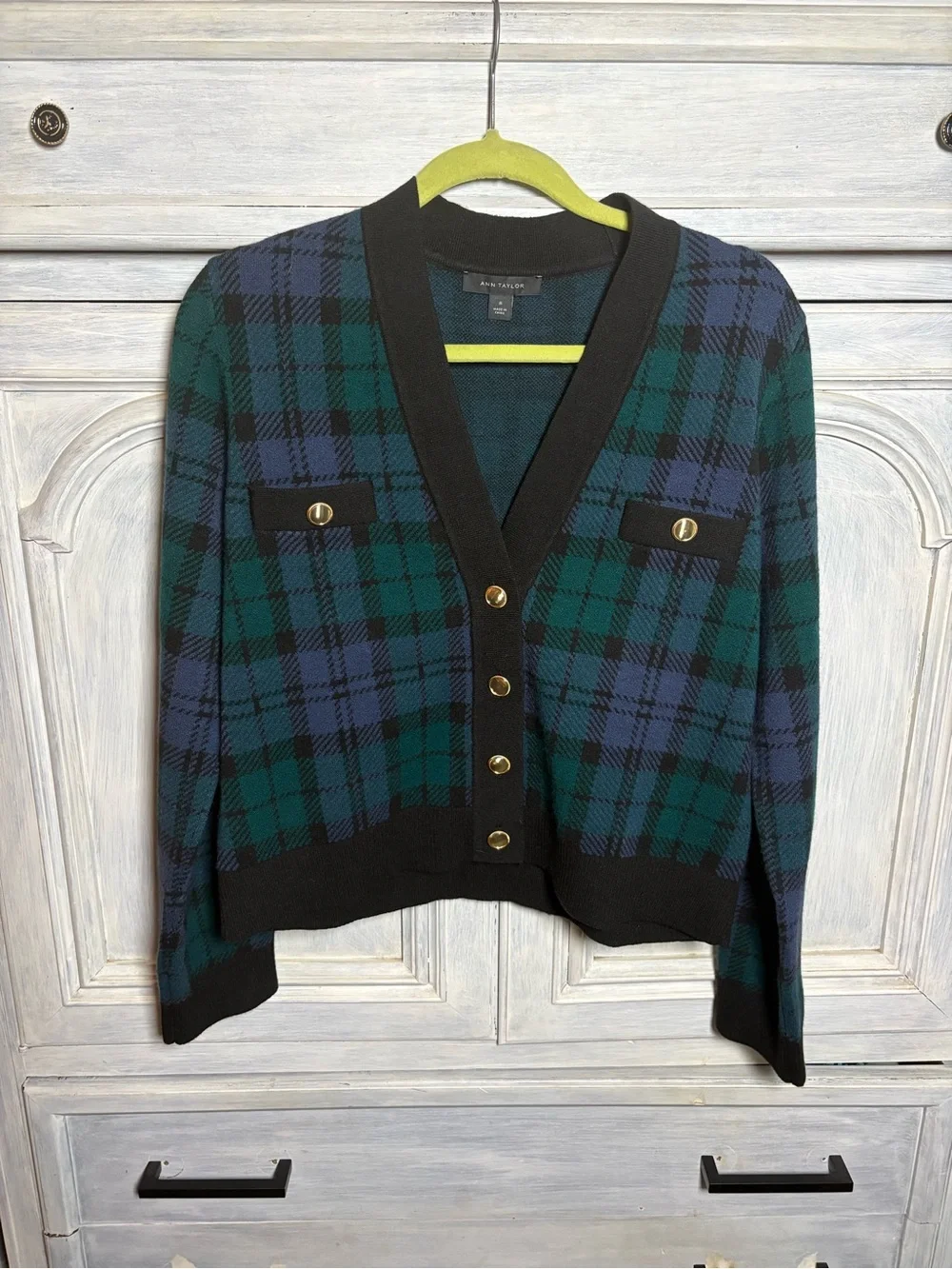Ann‎ Taylor Blackwatch Plaid Cardigan Preppy Grandpa Country Club Academia